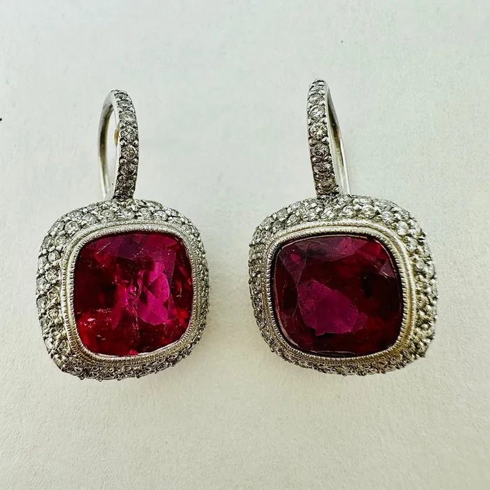 Earrings Jewelry Platinum Double Halo Dangle Earrings with Bezel Set Rubellites