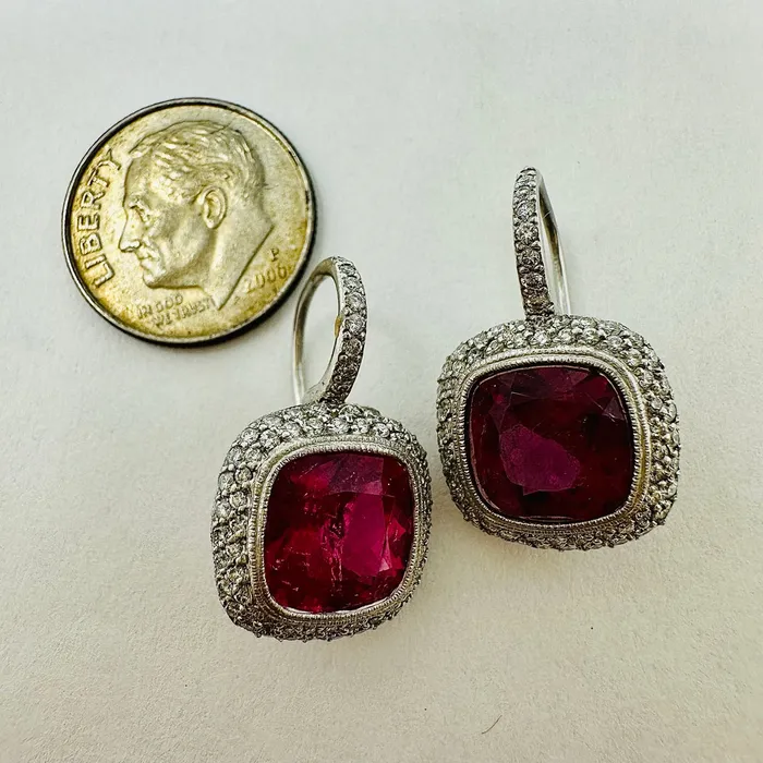 Earrings Jewelry Platinum Double Halo Dangle Earrings with Bezel Set Rubellites