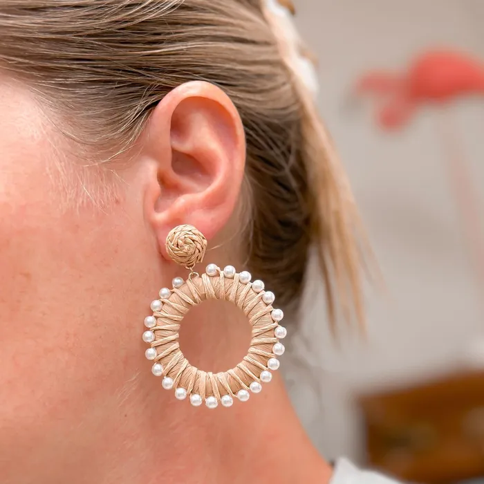 Earrings Pearl Lined Raffia Dangle Earrings Beige Prep Obsessed CT