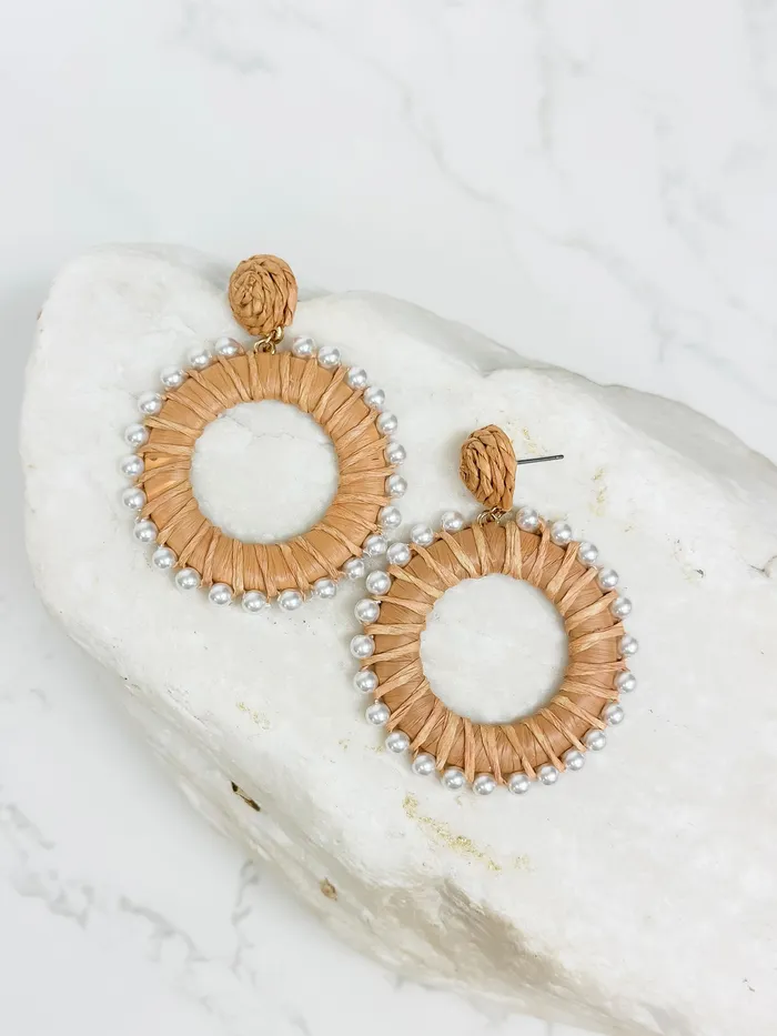 Earrings Pearl Lined Raffia Dangle Earrings Beige Prep Obsessed CT