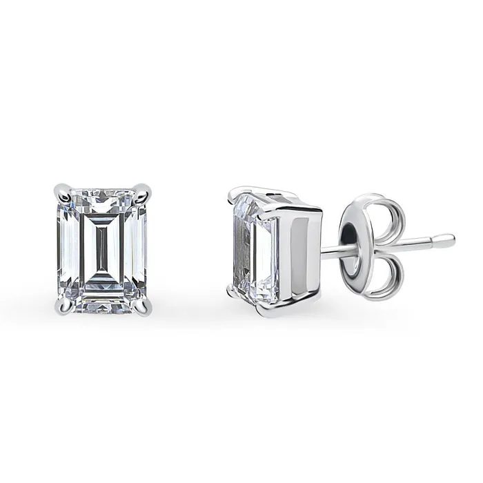 Earrings Solitaire Emerald Cut CZ Stud Earrings in Sterling Silver BERRICLE