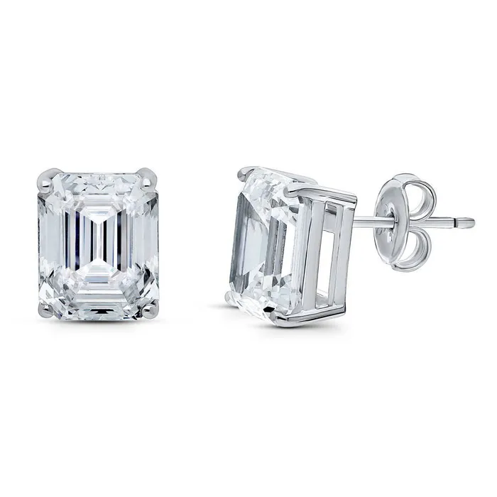 Earrings Solitaire Emerald Cut CZ Stud Earrings in Sterling Silver BERRICLE