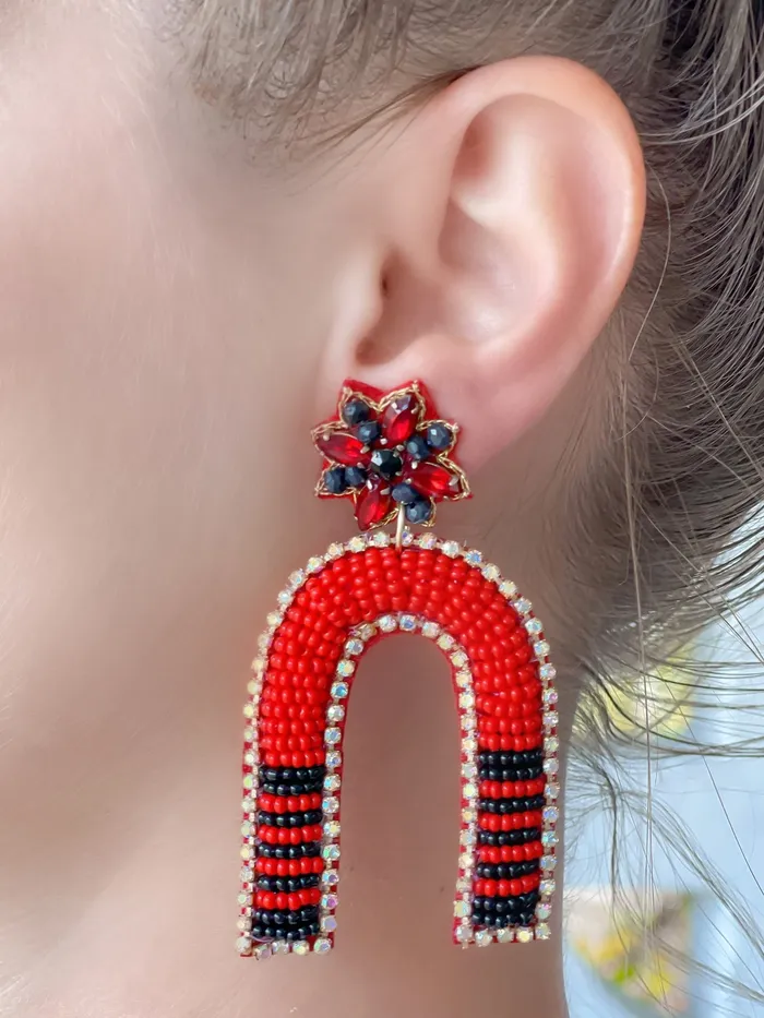 Game Day Beaded Arch Dangle Earrings Red Black Prep Obsessed TL Earrings