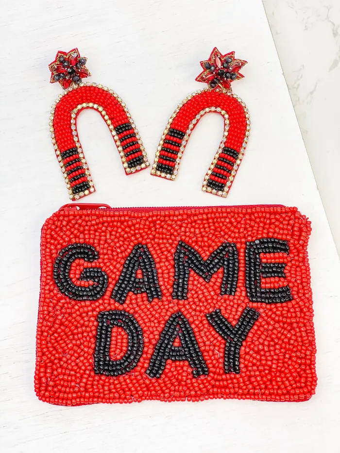 Game Day Beaded Arch Dangle Earrings Red Black Prep Obsessed TL Earrings