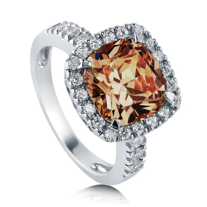 Halo Deep Champagne Cushion CZ Ring in Sterling Silver BERRICLE Rings