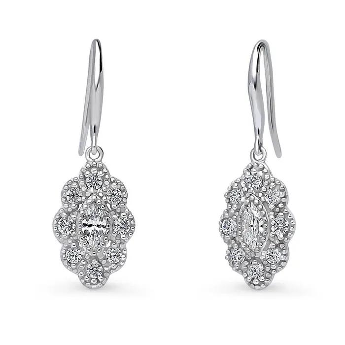 Halo Navette Marquise CZ Fish Hook Earrings in Sterling Silver BERRICLE Earrings Halo Navette Marquise CZ Fish Hook Earrings in Sterling Silver BERRICLE Earrings