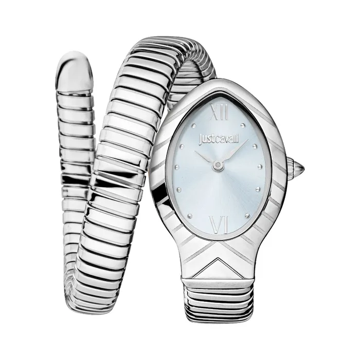 Just Cavalli Bracelets Just Cavalli Snake Shape Womens Watch Silver Color Case Light Blue Dial Stainless Steel Metal Bracelet