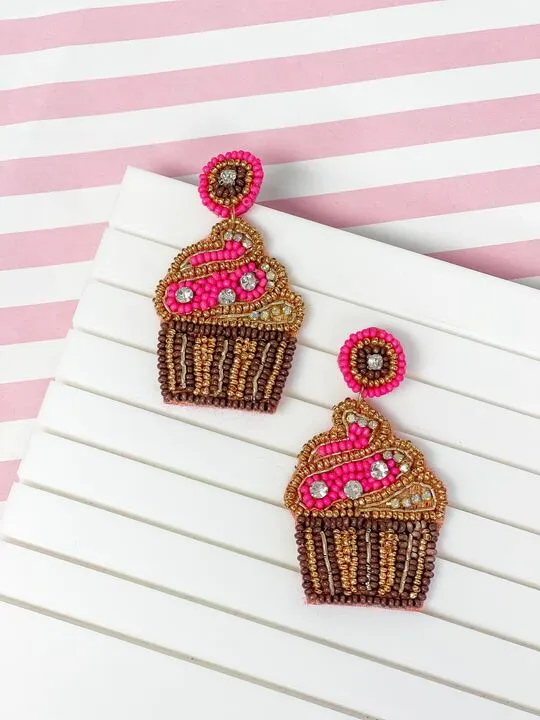 Prep Obsessed MOA Earrings Glitzy Cupcake Beaded Dangle Earrings Hot Pink