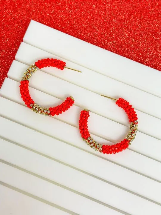 Prep Obsessed MOA Earrings Seed Bead Rhinestone Hoop Earrings Red