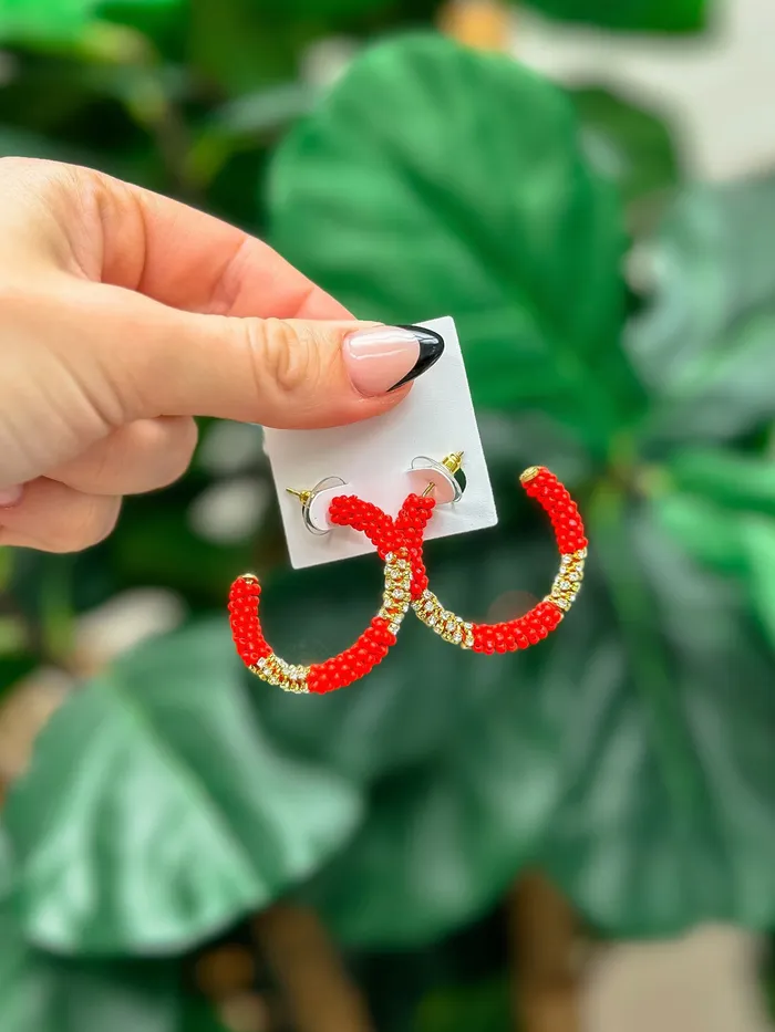 Prep Obsessed MOA Earrings Seed Bead Rhinestone Hoop Earrings Red