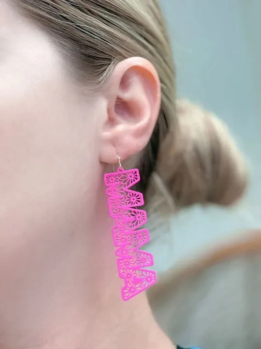 Prep Obsessed RNK Earrings Mama Hot Pink Filigree Cutout Dangle Earrings