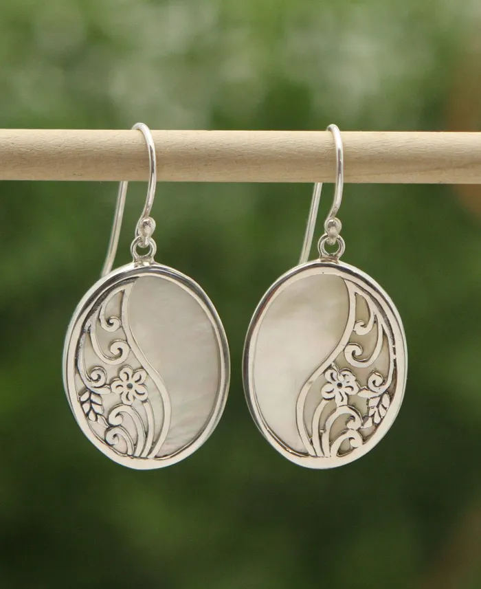 Buddha Groove Abstract Mother of Pearl Filigree Yin Yang Earrings Earrings