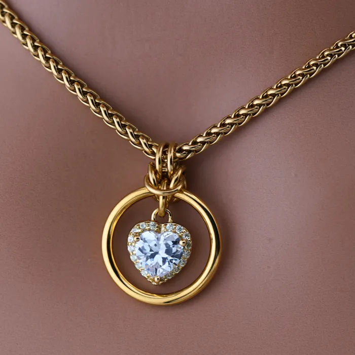 Captive Collars Necklaces Gold Heart Day Collar w CZ Diamonds on Wheat Chain