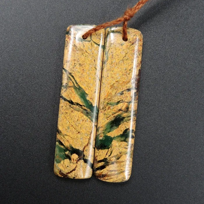 Drilled Natural Green Canyon Jasper Earring Pair Rectangle Cabochon Cab Pair Drilled Matched Earrings Bead Pair E1692 Intrinsic Trading Earrings