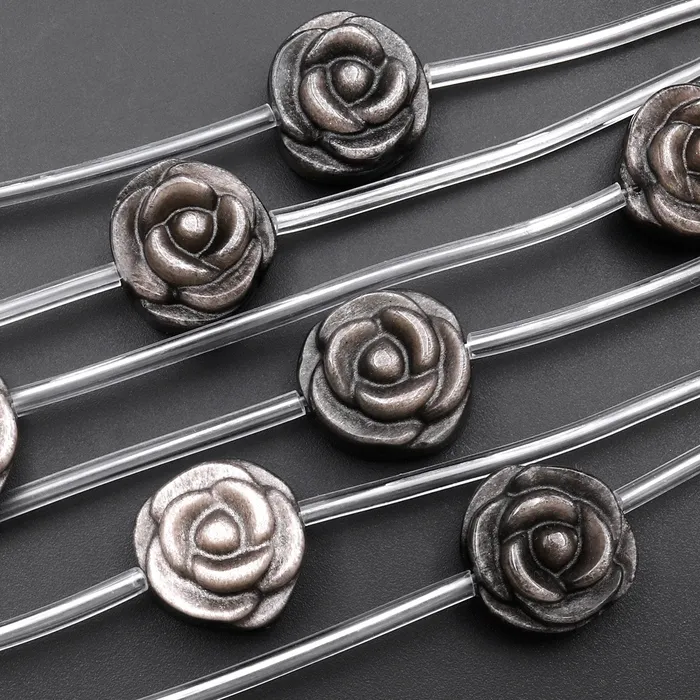 Earrings AAA Hand Carved Natural Silver Obsidian Rose Flower Gemstone Beads 14mm Intrinsic Trading Earrings AAA Hand Carved Natural Silver Obsidian Rose Flower Gemstone Beads 14mm Intrinsic Trading