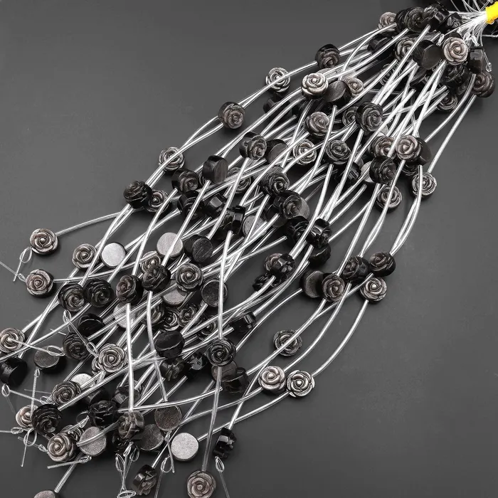 Earrings AAA Hand Carved Natural Silver Obsidian Rose Flower Gemstone Beads 14mm Intrinsic Trading