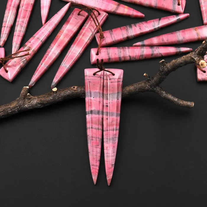 Earrings AAA Natural Pink Rhodonite In Quartz Earring Pair Long Dagger Triangle Drilled Matched Gemstone Beads Intrinsic Trading Earrings AAA Natural Pink Rhodonite In Quartz Earring Pair Long Dagger Triangle Drilled Matched Gemstone Beads Intrinsic Trading