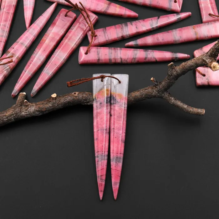 Earrings AAA Natural Pink Rhodonite In Quartz Earring Pair Long Dagger Triangle Drilled Matched Gemstone Beads Intrinsic Trading