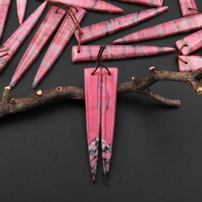 Earrings AAA Natural Pink Rhodonite In Quartz Earring Pair Long Dagger Triangle Drilled Matched Gemstone Beads Intrinsic Trading
