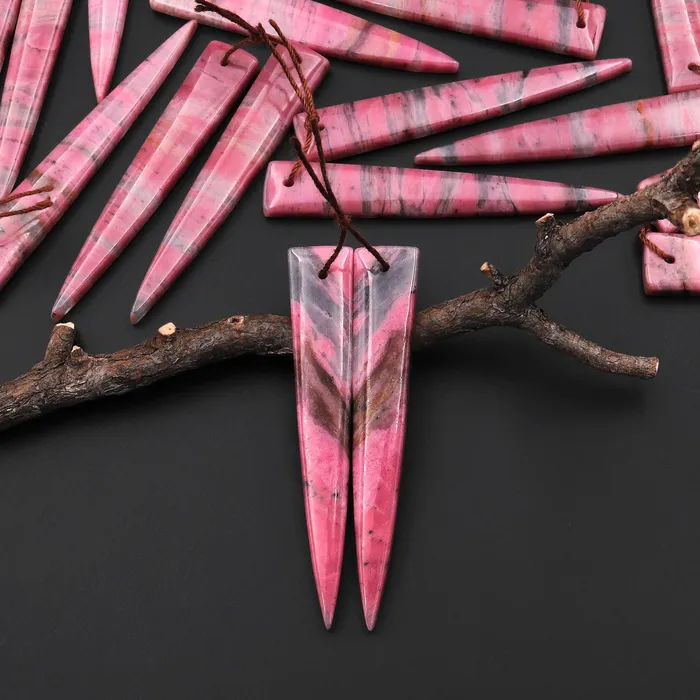 Earrings AAA Natural Pink Rhodonite In Quartz Earring Pair Long Dagger Triangle Drilled Matched Gemstone Beads Intrinsic Trading
