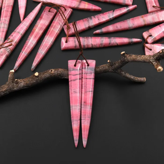 Earrings AAA Natural Pink Rhodonite In Quartz Earring Pair Long Dagger Triangle Drilled Matched Gemstone Beads Intrinsic Trading