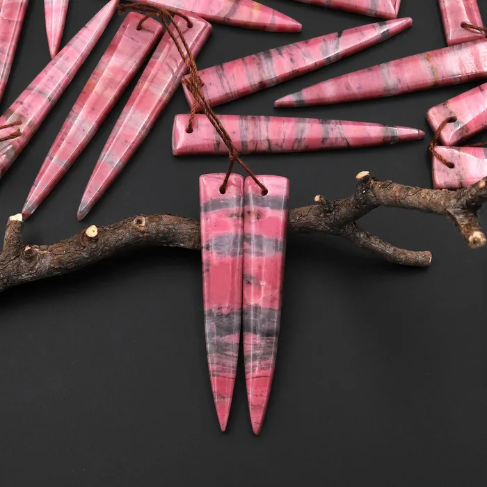 Earrings AAA Natural Pink Rhodonite In Quartz Earring Pair Long Dagger Triangle Drilled Matched Gemstone Beads Intrinsic Trading