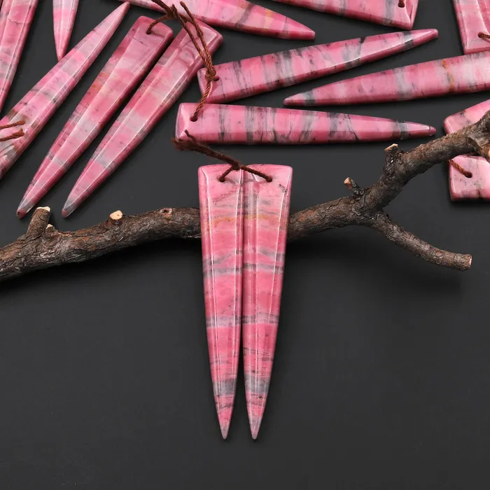 Earrings AAA Natural Pink Rhodonite In Quartz Earring Pair Long Dagger Triangle Drilled Matched Gemstone Beads Intrinsic Trading