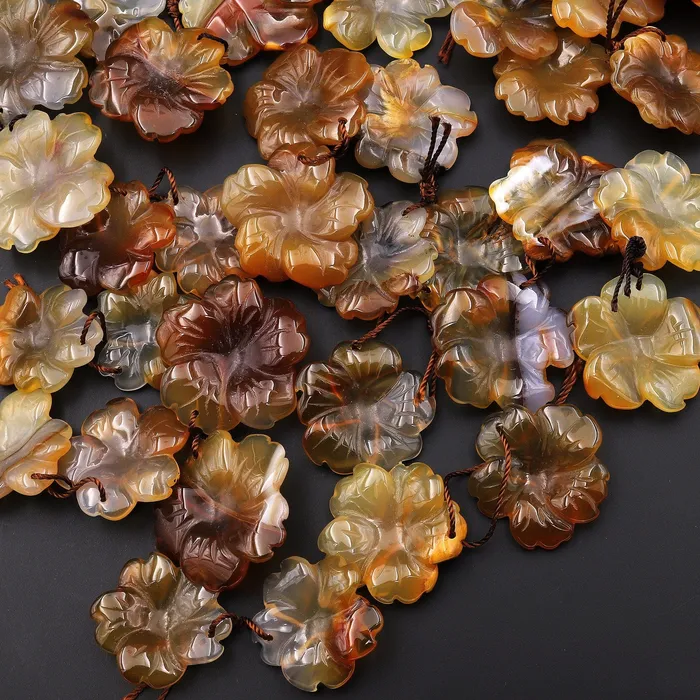 Earrings Intrinsic Trading Hand Carved Natural Brown Yellow Carnelian Flower Earring Pair Drilled Translucent Gemstone Matched Beads