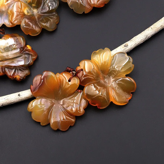 Earrings Intrinsic Trading Hand Carved Natural Brown Yellow Carnelian Flower Earring Pair Drilled Translucent Gemstone Matched Beads