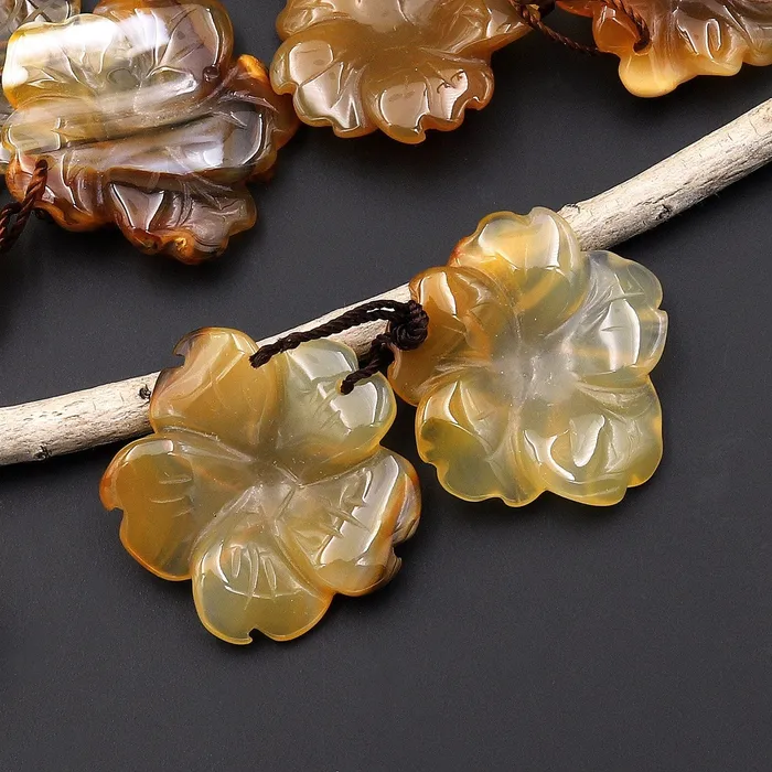Earrings Intrinsic Trading Hand Carved Natural Brown Yellow Carnelian Flower Earring Pair Drilled Translucent Gemstone Matched Beads