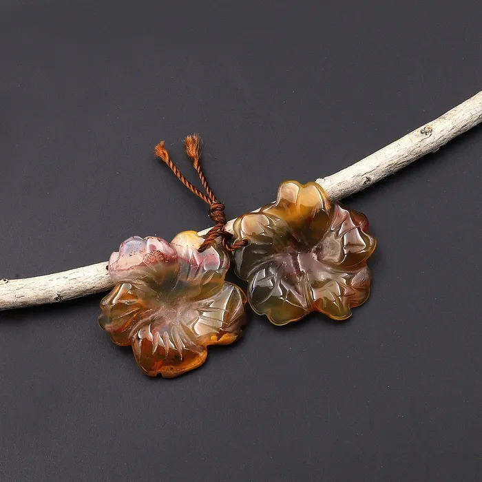 Earrings Intrinsic Trading Hand Carved Natural Brown Yellow Carnelian Flower Earring Pair Drilled Translucent Gemstone Matched Beads