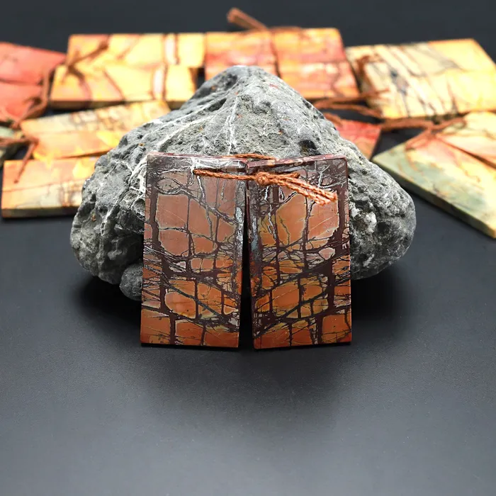 Earrings Intrinsic Trading Large Natural Red Creek Jasper Earring Pair Modern Flat Rectangle Matched Gemstone Bead Pair Multicolor Picasso Jasper