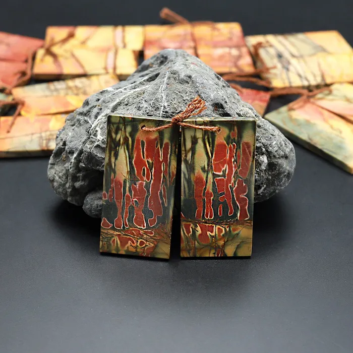 Earrings Intrinsic Trading Large Natural Red Creek Jasper Earring Pair Modern Flat Rectangle Matched Gemstone Bead Pair Multicolor Picasso Jasper