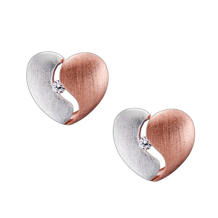 Earrings LoveUrns Treasure Heartfelt with Clear Crystal Rose Gold Vermeil Two Tone Sterling Silver Stud Earrings