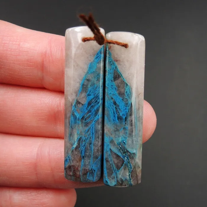 Earrings Natural Chrysocolla in Quartz Earring Pair Azurite in Quartz Cabochon Cab Pair Drilled Matched Earrings Bead Pair Natural Stone E2530 Intrinsic Trading