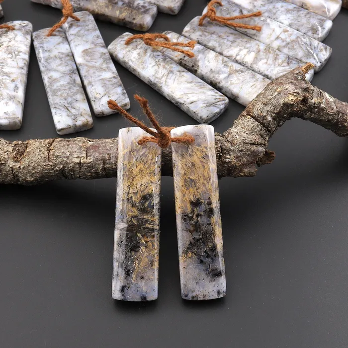 Earrings Rare Natural Turkish Needle Agate Earring Pair Drilled Matched Rectangle Gemstone Beads Intrinsic Trading