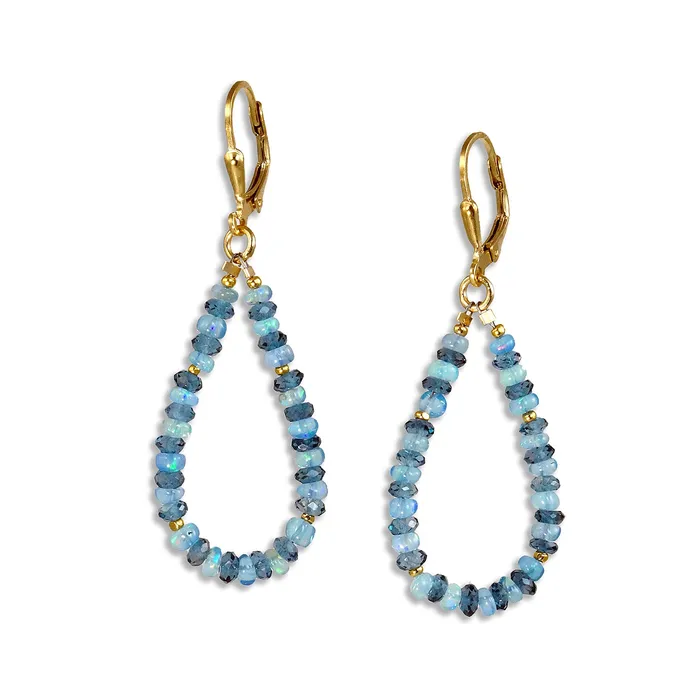 Gold Leverback Earrings with Blue Opal and London Blue Topaz Q Evon Earrings Gold Leverback Earrings with Blue Opal and London Blue Topaz Q Evon Earrings