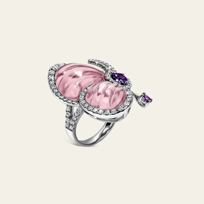 Hand crafted in 18k white gold with rose quartz amethyst and white diamonds Rings Papillon Ring