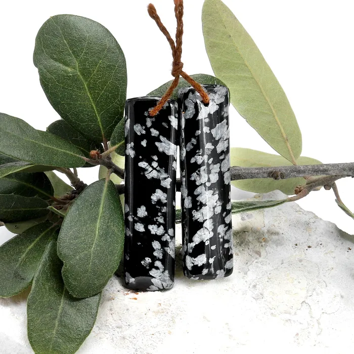 Intrinsic Trading Earrings Drilled Natural Snowflake Obsidian Earring Pair Matched Rectangle Gemstone Cabochon Beads 40mm