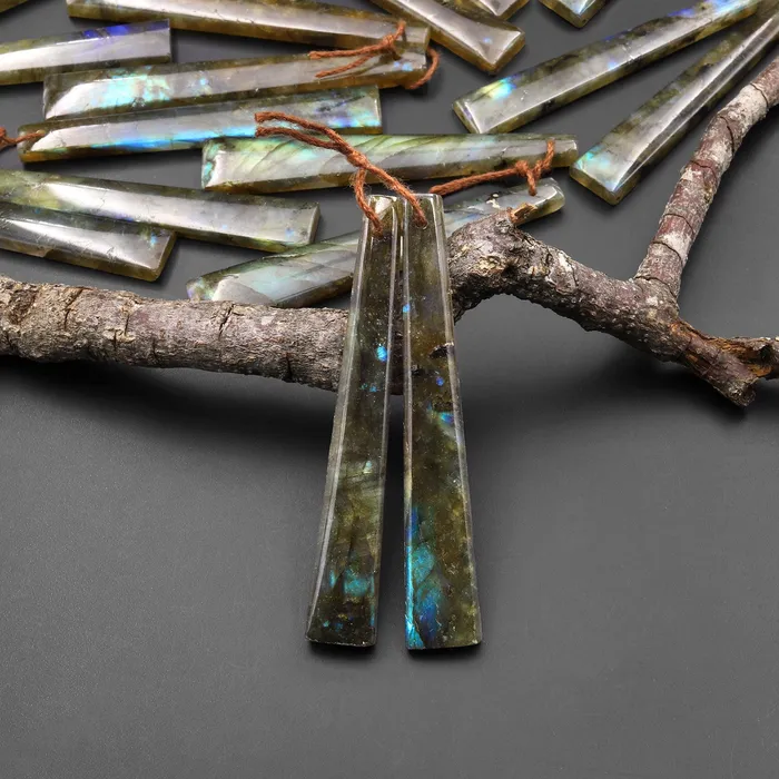 Intrinsic Trading Earrings Natural Labradorite Long Thin Trapezoid Earring Pair Drilled Matched Natural Gemstone Beads Intrinsic Trading Earrings Natural Labradorite Long Thin Trapezoid Earring Pair Drilled Matched Natural Gemstone Beads