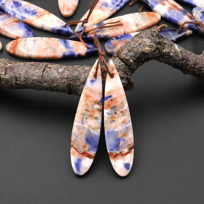 Intrinsic Trading Earrings Natural Orange Sodalite Long Slender Teardrop Earring Pair Matched Gemstone Beads