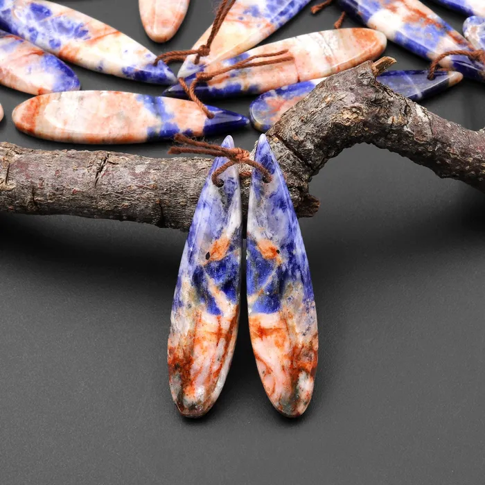 Intrinsic Trading Earrings Natural Orange Sodalite Long Slender Teardrop Earring Pair Matched Gemstone Beads