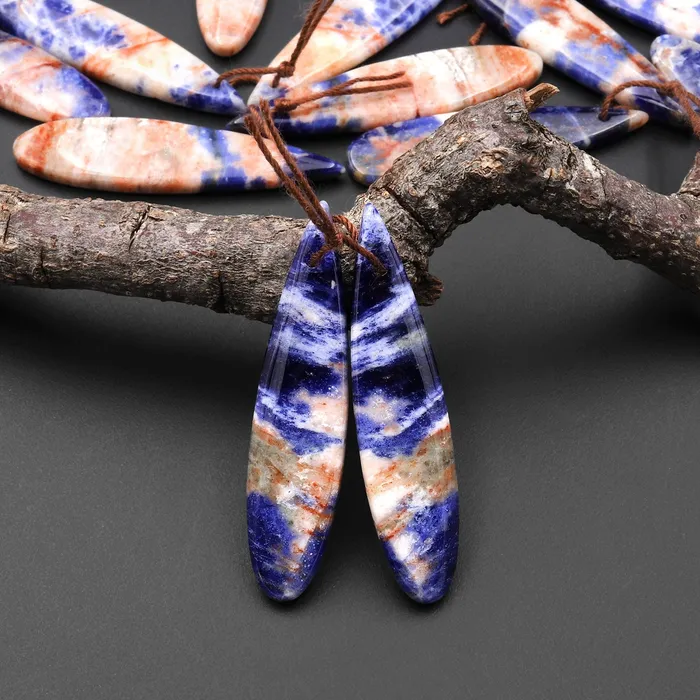 Intrinsic Trading Earrings Natural Orange Sodalite Long Slender Teardrop Earring Pair Matched Gemstone Beads