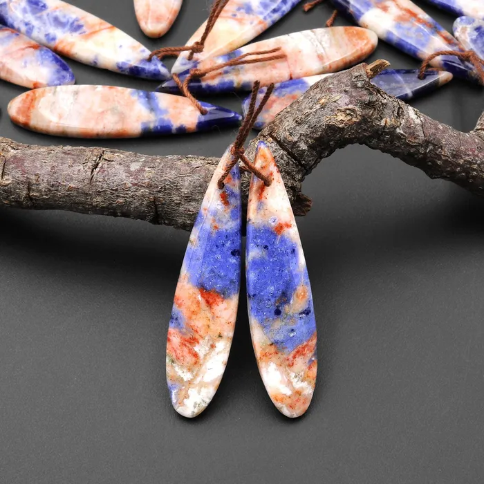 Intrinsic Trading Earrings Natural Orange Sodalite Long Slender Teardrop Earring Pair Matched Gemstone Beads