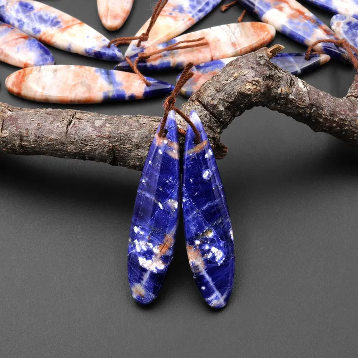 Intrinsic Trading Earrings Natural Orange Sodalite Long Slender Teardrop Earring Pair Matched Gemstone Beads