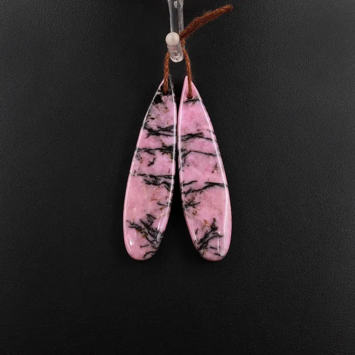 Intrinsic Trading Earrings Natural Pink Black Rhodonite Earring Pair Teardrop Cabochon Drilled Matched Gemstone Bead Pair
