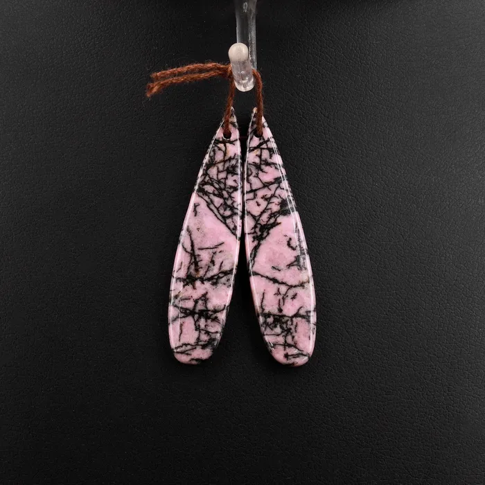 Intrinsic Trading Earrings Natural Pink Black Rhodonite Earring Pair Teardrop Cabochon Drilled Matched Gemstone Bead Pair