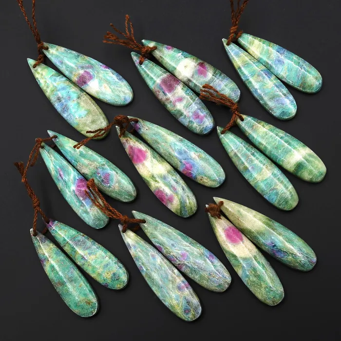 Intrinsic Trading Earrings Natural Ruby in Seafoam Green Fuchsite Earring Pair Teardrop Matched Gemstone Beads