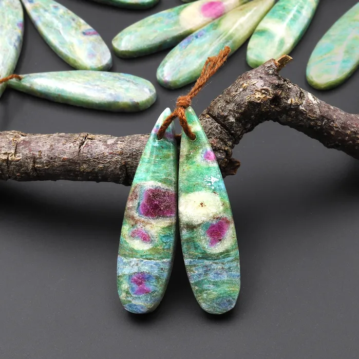 Intrinsic Trading Earrings Natural Ruby in Seafoam Green Fuchsite Earring Pair Teardrop Matched Gemstone Beads