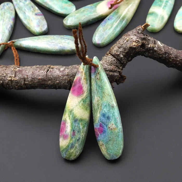 Intrinsic Trading Earrings Natural Ruby in Seafoam Green Fuchsite Earring Pair Teardrop Matched Gemstone Beads